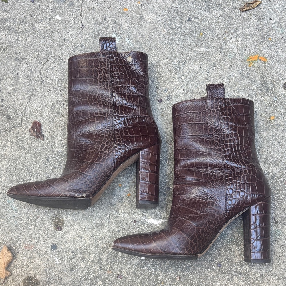 PARIS TEXAS LEATHER BROWN CROC EMBOSSED PULL UP BOOTIES 38.5 made in Italy.